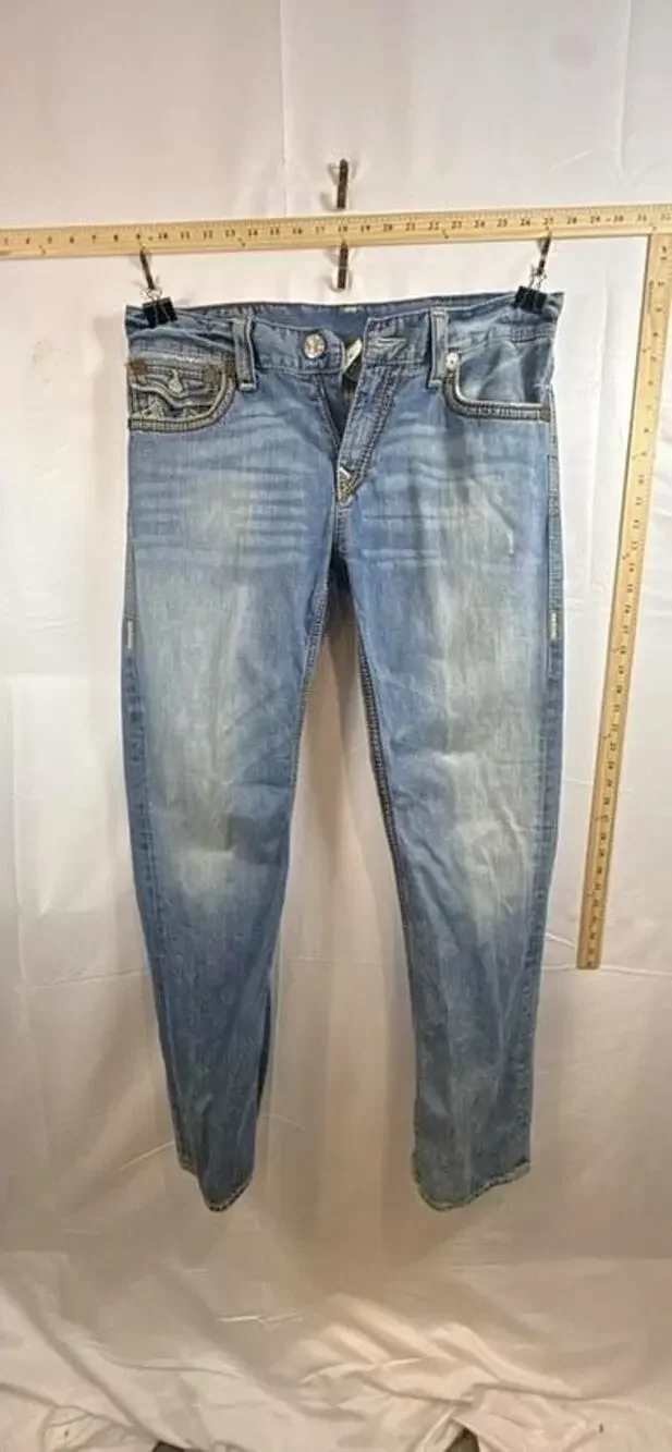 Vtg True Religion Ricky Big QT Jeans Mens 34 Made in USA Chunky Stitch Blue